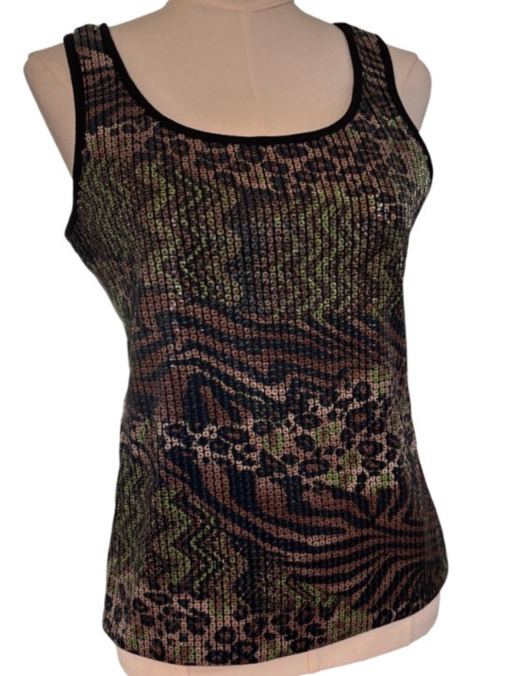 Peter Nygard Sequin Animal Print Tank Top in Black Brown Olive Small SKU 8
